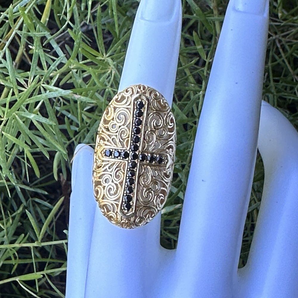 VTG Bellezza‎ Statement Ring Sz 5 Black Spinel Cross Yellow Gold Plated Filigree - Picture 5 of 12